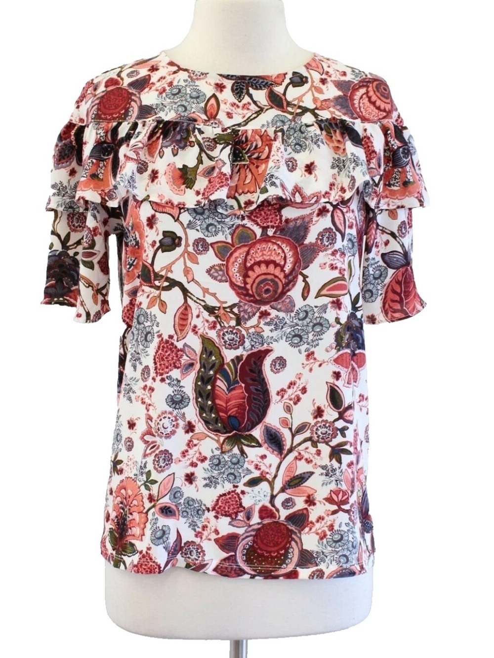 Loft Floral Printed Mixed Media Ruffle Blouse | L